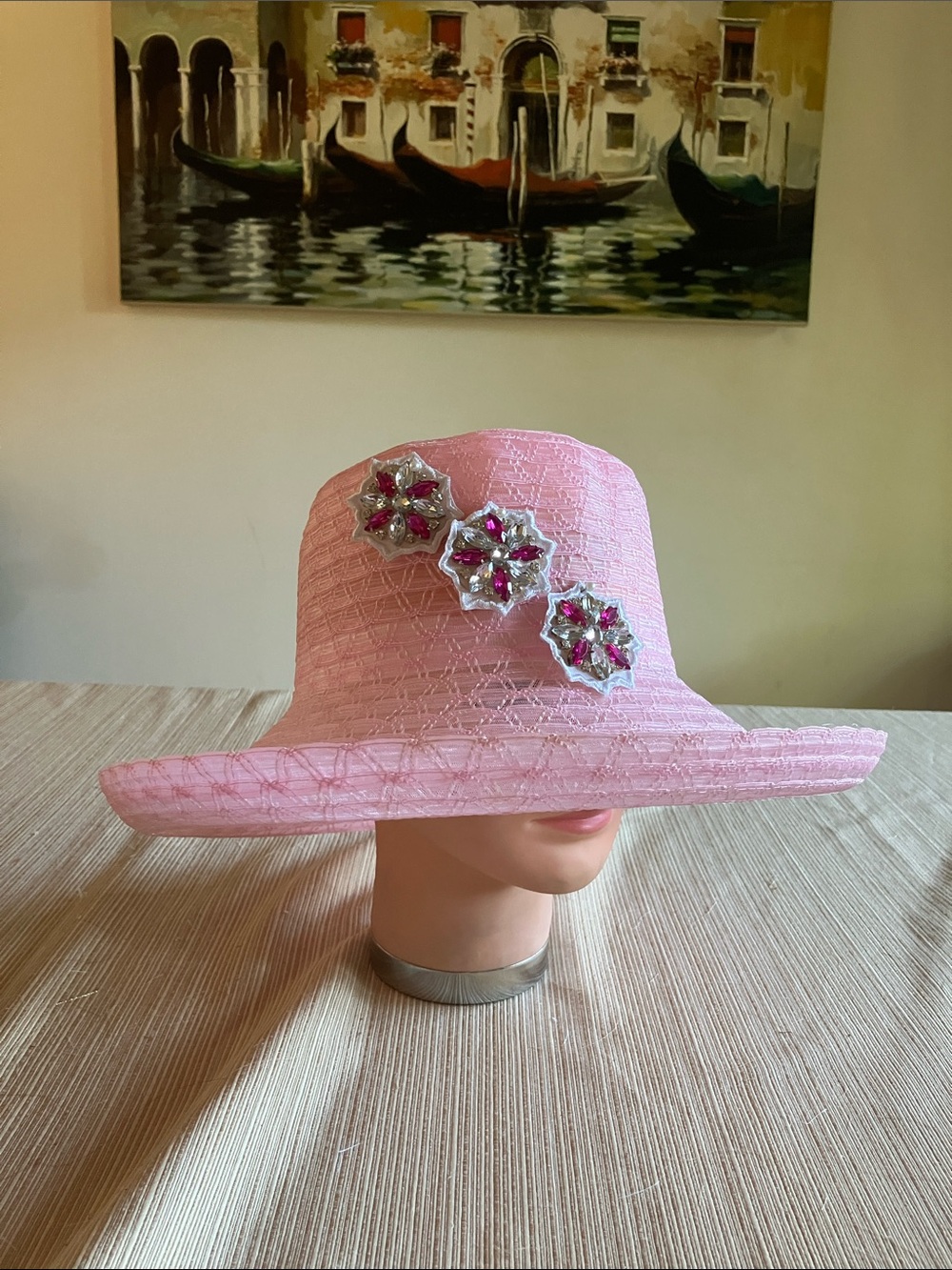 Pink Wide-Brim Women's Decorative Hat with Floral Gem Accents